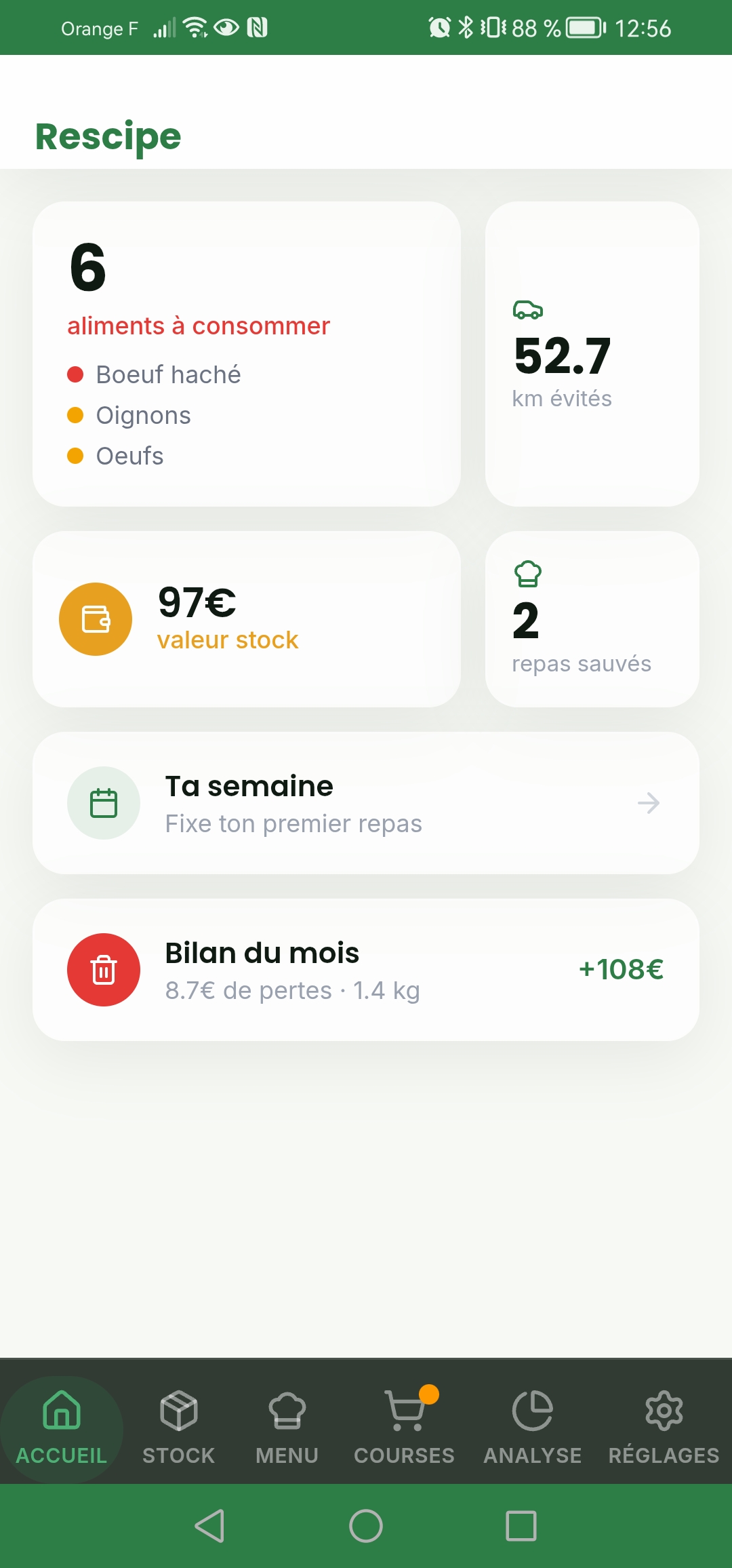 Dashboard Rescipe montrant les indicateurs de fraîcheur, métriques et bilan du mois